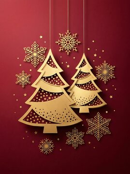 Golden christmas trees and snowflakes on a deep red background