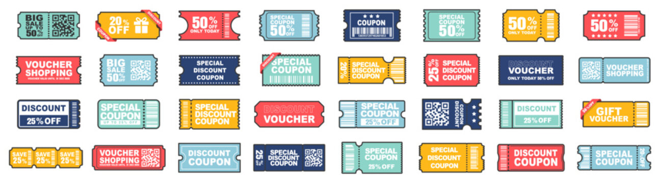 Colorful coupon ticket set with QR codes, barcodes and discount offers