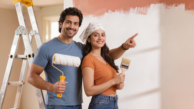 Happy young Indian couple painting wall home renovation project pointing at freshly painted room