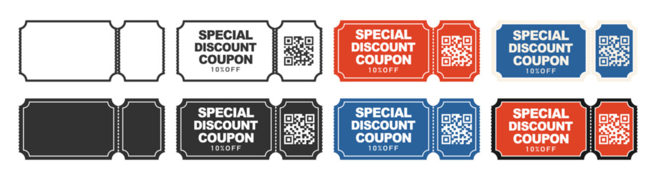 Discount coupon ticket set with QR codes and perforated stubs