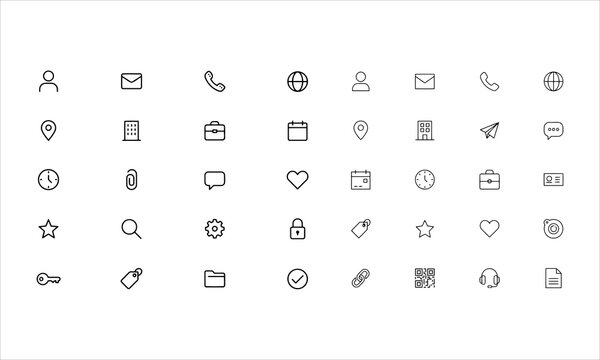 Business card contact vector line icons set with editable stroke. Name, address, phone, email, and website icon bundle.