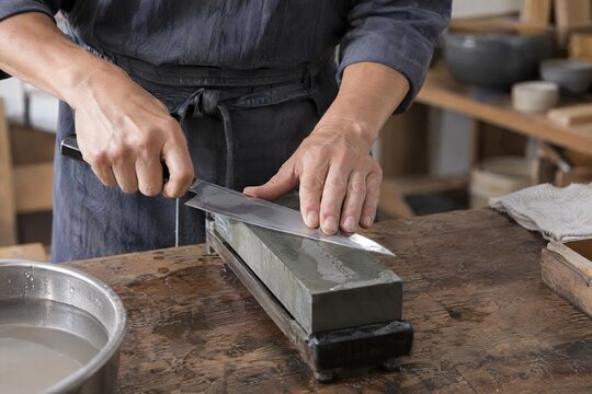 Knife maker sharpening an unbranded kitchen blade on a wet stone