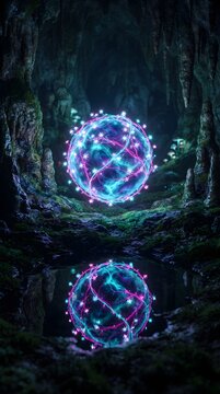 Glowing neon light sphere with double helix pattern in a dark forest cave