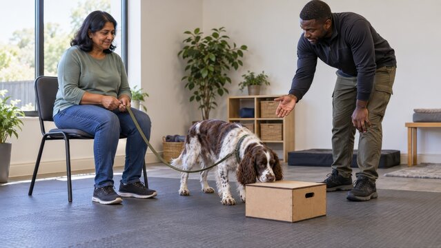 Trainer guides a seated novice in relaxed leash handling while a spaniel investigates a wooden scent box during a private indoor dog training lesson