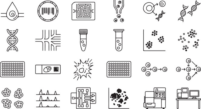 Set of single cell sequencing and transcriptomics laboratory technology black vector icons isolated on white background