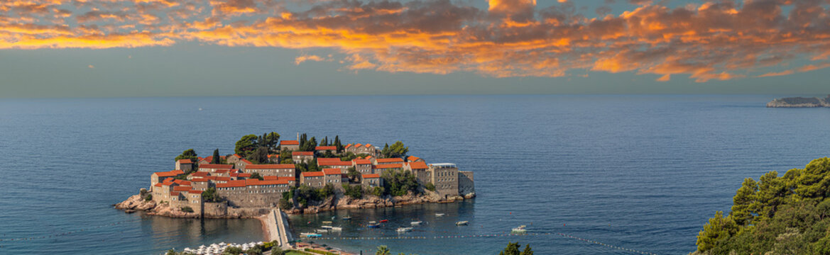 The island-resort of Sveti Stefan in Montenegro, in the Adriatic Sea, approx 6 km from the city of Budva. It was a fishing village in the 15th century, then transformed into an exclusive hotel complex