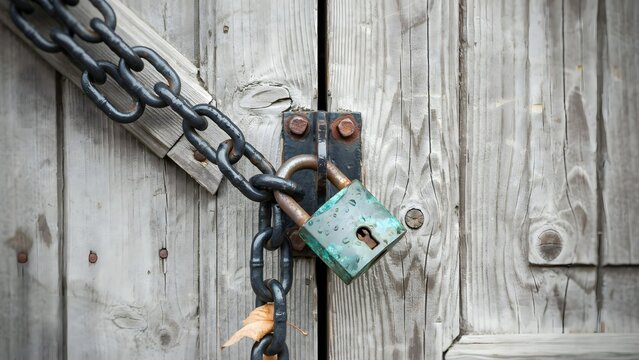 Wooden fence gate secured with chains and padlock, rustic outdoor barrier