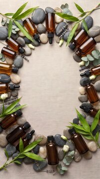 Spa flatlay frame with amber bottles, dark basalt stones, and green bamboo leaves