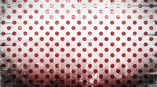 Distressed background with red polka dot pattern on cream, heavy dark scratched bottom gradient, vintage film grunge texture, and paper fold marks for retro graphic print projects.