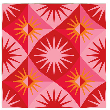 Geometric pattern with sunbursts and diamonds