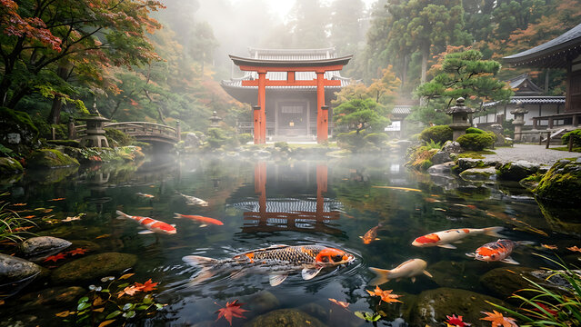 Misty Japanese garden with torii gate and colorful koi fish