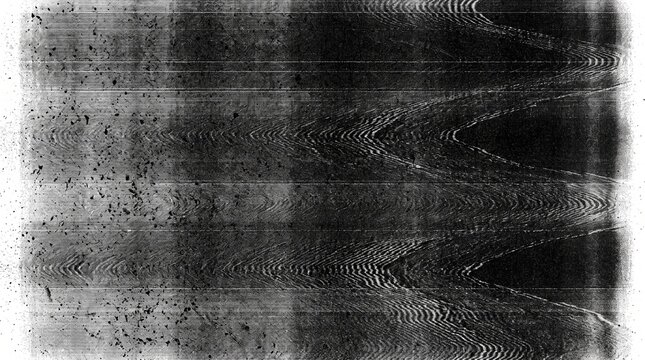 Dark monochrome glitch screen background with horizontal audio waveform distortion, vintage analog TV scan lines, digital noise grain overlay effect for abstract video production.