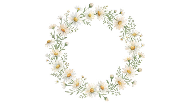 Watercolor daisy flower wreath, elegant white chamomile floral frame, rustic spring blossom border for wedding invitation and greeting card design isolated PNG with Transparent Background