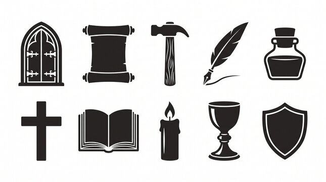 Black and white religious and writing symbols set