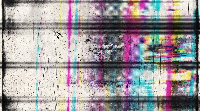 Glitch screen background texture with colorful RGB digital noise, halftone pattern, printer scan distortion, dirty paper scratches, retro VHS signal error overlay for cyber graphic design.