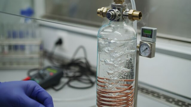 Scientific laboratory experiment with glass apparatus and water filtration setup