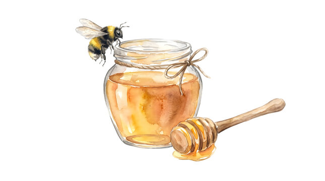 Watercolor honey jar with bumblebee and wooden dipper, golden organic honey in glass pot, rustic hand painted bee and honey illustration isolated PNG with Transparent Background