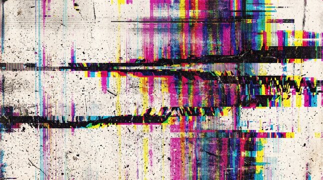 Vibrant color glitch screen texture with digital scanlines, pixel artifacts and signal noise. Abstract cyberpunk distortion background for video overlay, gaming poster and music cover.