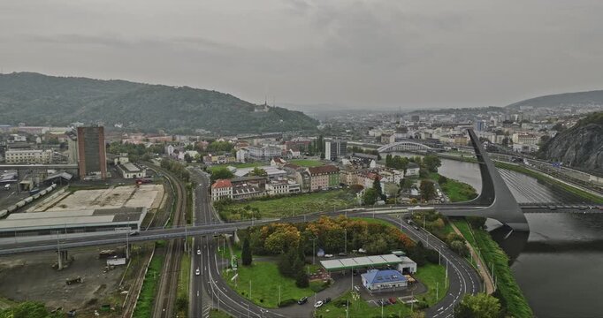 Usti nad Labem Czechia Aerial v2 establishing shot flyover Strekov towards Mesto capturing cityscape on the bend of Elbe river and hillside hotel - Shot with Mavic 3 Cine - November 2022