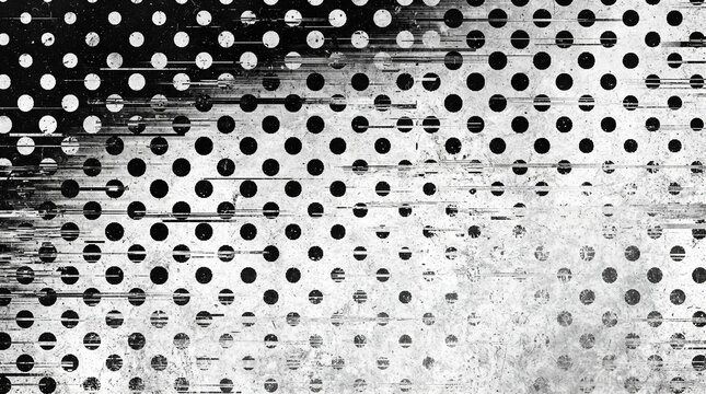 Abstract distressed background featuring halftone polka dot pattern, scanline glitch distortions, high contrast monochrome grain and aged surface texture for bold creative graphic art.