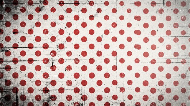 Distressed background with red polka dot pattern on cream paper, heavy grunge scratches, dark dirty edge frame, and vintage halftone print texture for pop art poster design projects.
