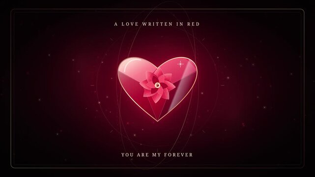Blooming crimson rose heart with glowing orbits loop for Valentine's Day. Romantic crimson bloom heart animation with You Are My Forever typography