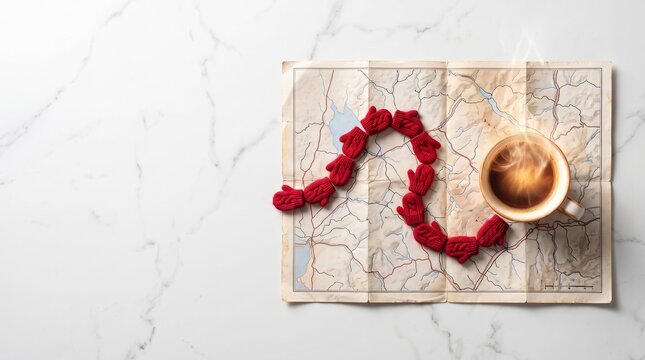 Top down flat lay of winter road map with red knitted mittens tracing route to hot coffee cup on marble floor, cozy travel and warm destination concept copy space  