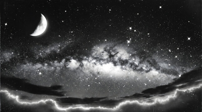 Night sky with a crescent moon and the milky way galaxy above glowing clouds