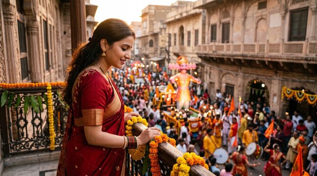 Photorealistic lifestyle photography of a young Indian woman wearing elegant traditional clothing, watching a festive Dussehra procession from her decorated balcony
