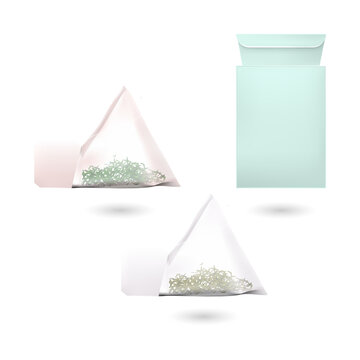 Tea bags in pyramid shape packaging transparent