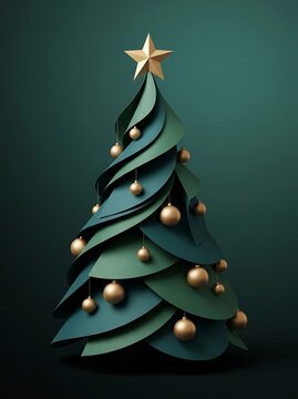 Stylized 3d paper craft christmas tree with gold ornaments