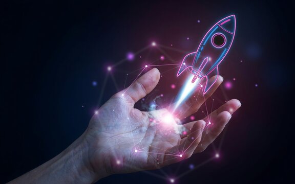 Human hand holding a glowing neon rocket ship with digital network nodes