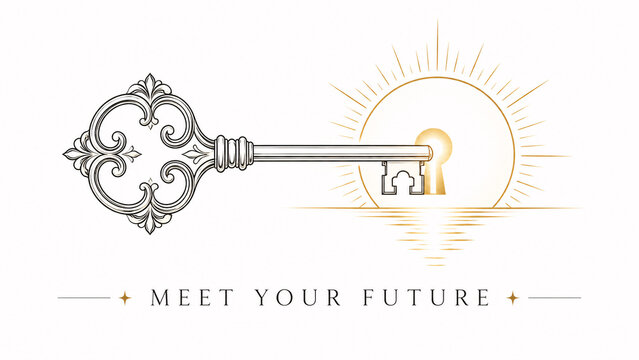 Ornate vintage golden key unlocking sunrise keyhole horizon with "MEET YOUR FUTURE" text