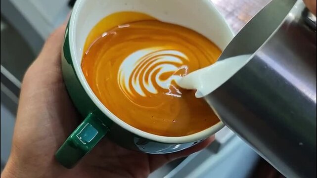 Barista Pouring Steamed Milk to Create Rosetta Latte Art in Green Cup   