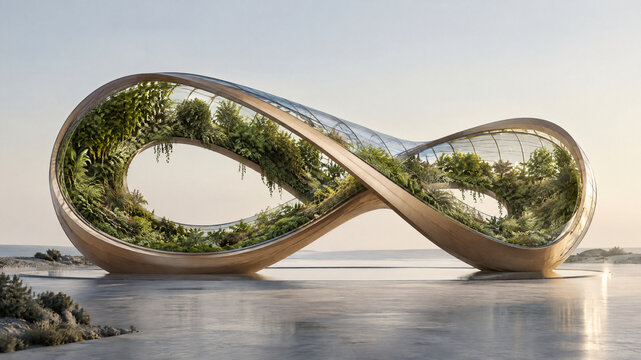 Futuristic infinity loop greenhouse, sustainable biophilic architecture structure, modern wooden glass eco building concept