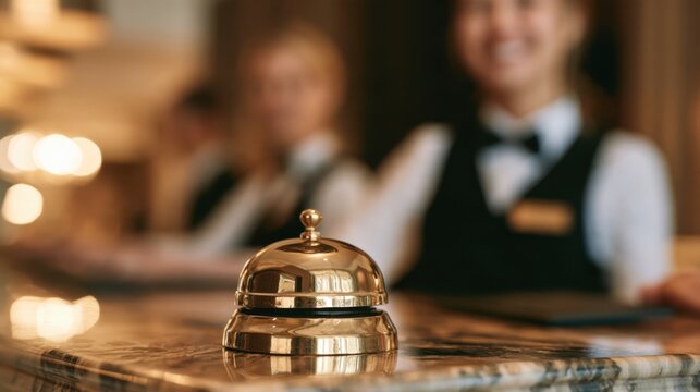 Shiny brass service bell on marble counter with blurred smiling hotel staff in formal uniform background in warm lighting