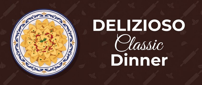 Italian farfalle pasta dinner banner featuring delicious bow tie pasta plate with Delizioso Classic Dinner text for restaurant menu vector graphic poster design horizontal food web header background