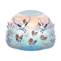 Fototapeta premium Migratory Birds Landing on Lake Vector Illustration: Cute Cartoon Graphic of Cranes and Ducks in Wetland with Reeds and Water Lilies Isolated on White Background generative ai