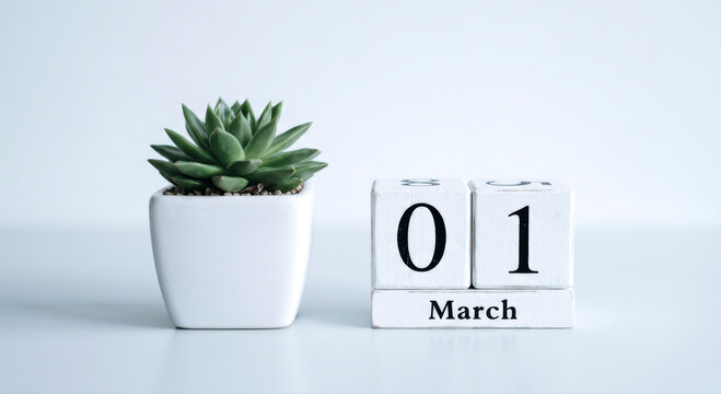March first calendar date with succulent houseplant