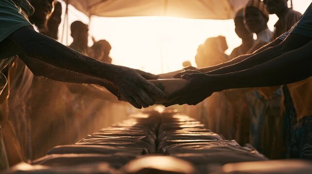 Volunteers lined up handing out food packages to villagers under a canopy, warm golden light