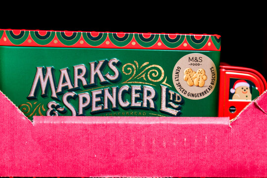 Close Up Of Marks And Spencer Gently Spiced Gingerbread Biscuits In A Festive Christmas Tin