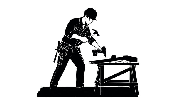 Carpenter using tools on workbench vector