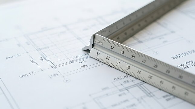 Architectural blueprint with metal scale ruler, technical construction drawing on white paper, engineering floor plan for building design and renovation