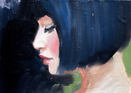 Ritratto artistico a olio di donna di profilo con capelli neri a caschetto, primo piano intimo di volto femminile con occhi chiusi dipinto con pennellate materiche
