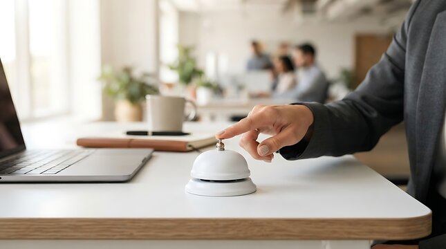 Professional service bell on office reception desk, hand ringing silver call bell for assistance, corporate hospitality and customer support concept