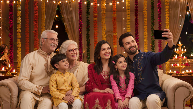 Happy multi-generation Indian family taking selfie together during Diwali festival celebration