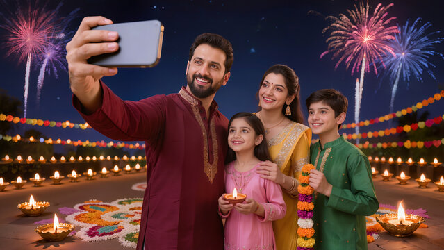 Happy Indian family taking selfie during Diwali festival celebration with fireworks at night time