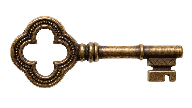Antique ornate brass key with clover-shaped bow, isolated on transparent background