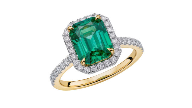 Emerald and diamond halo ring, isolated on transparent background