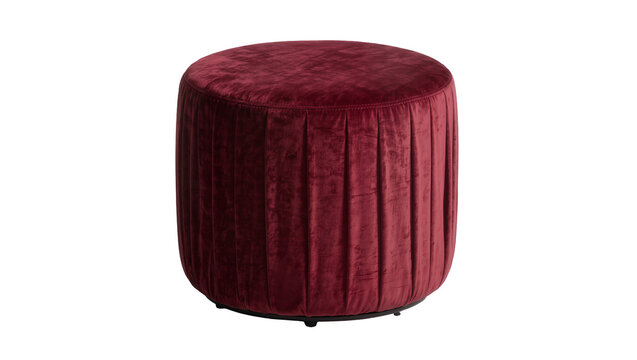 Plush burgundy velvet round ottoman with vertical pleats, isolated on transparent background